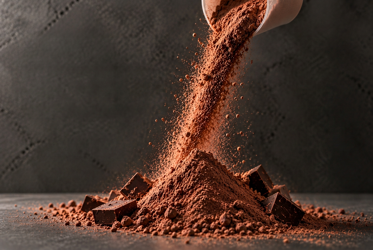 MUSCLE OTC chocolate protein and creatine powder with chocolate pieces