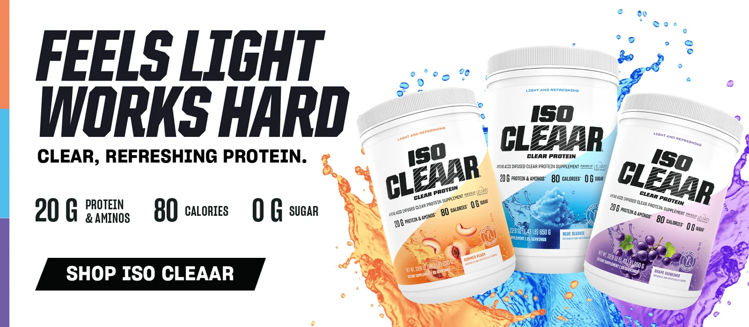 Three ISO CLEAAR clear protein flavors with colorful water splashes