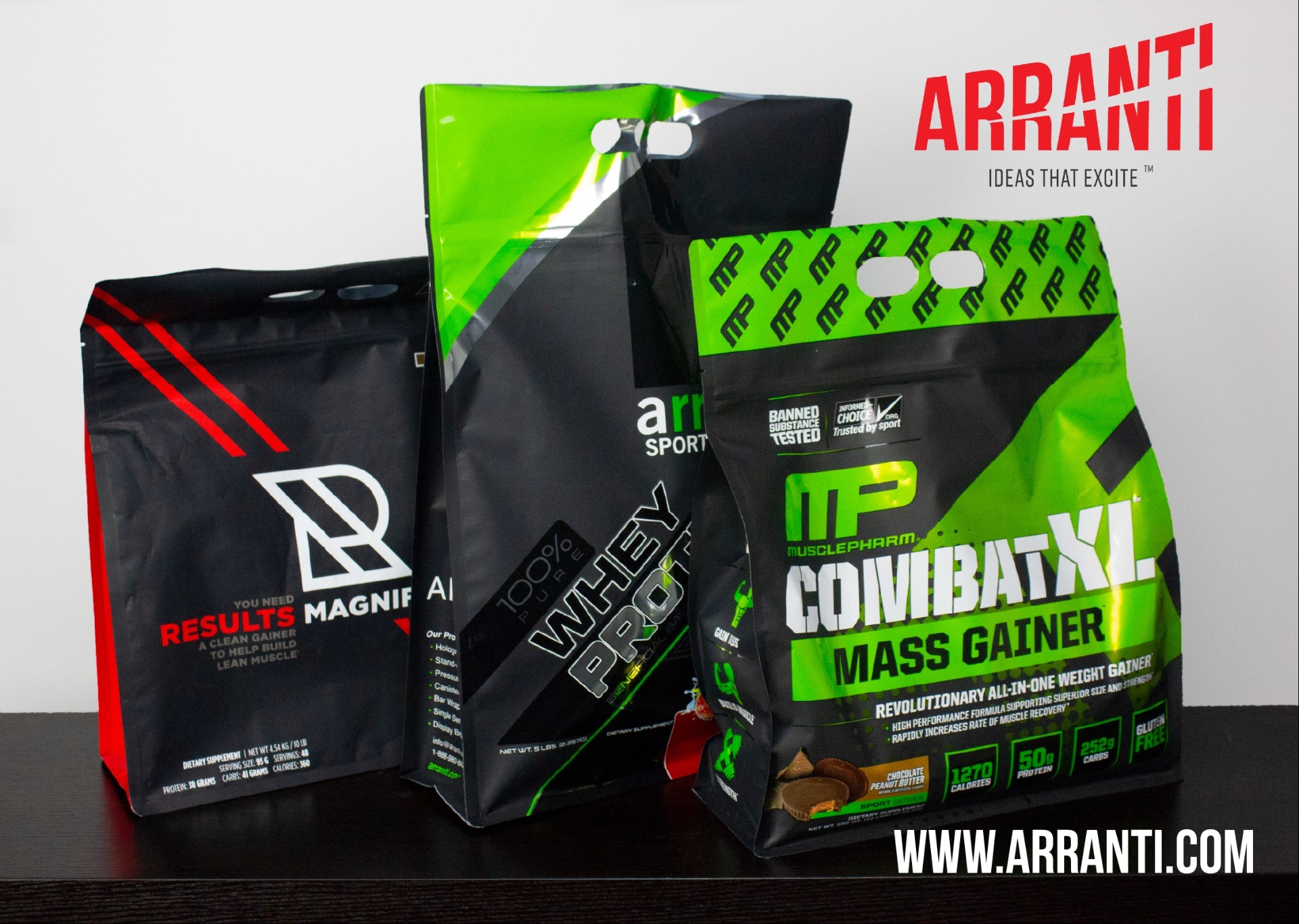 Collection of sports nutrition products packaged by Arranti β featuring protein pouches, energy drinks, nutrition bars, and supplement packaging from leading brands
