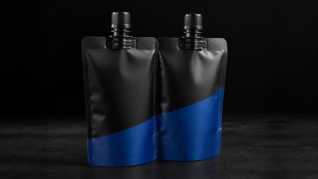 Cube-shaped multi-chamber flexible package with spout