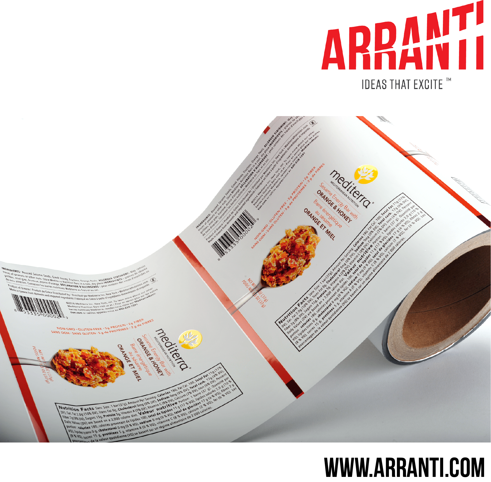 Arranti flow wrap packaging roll for Mediterra energy bars β high-speed wrapping