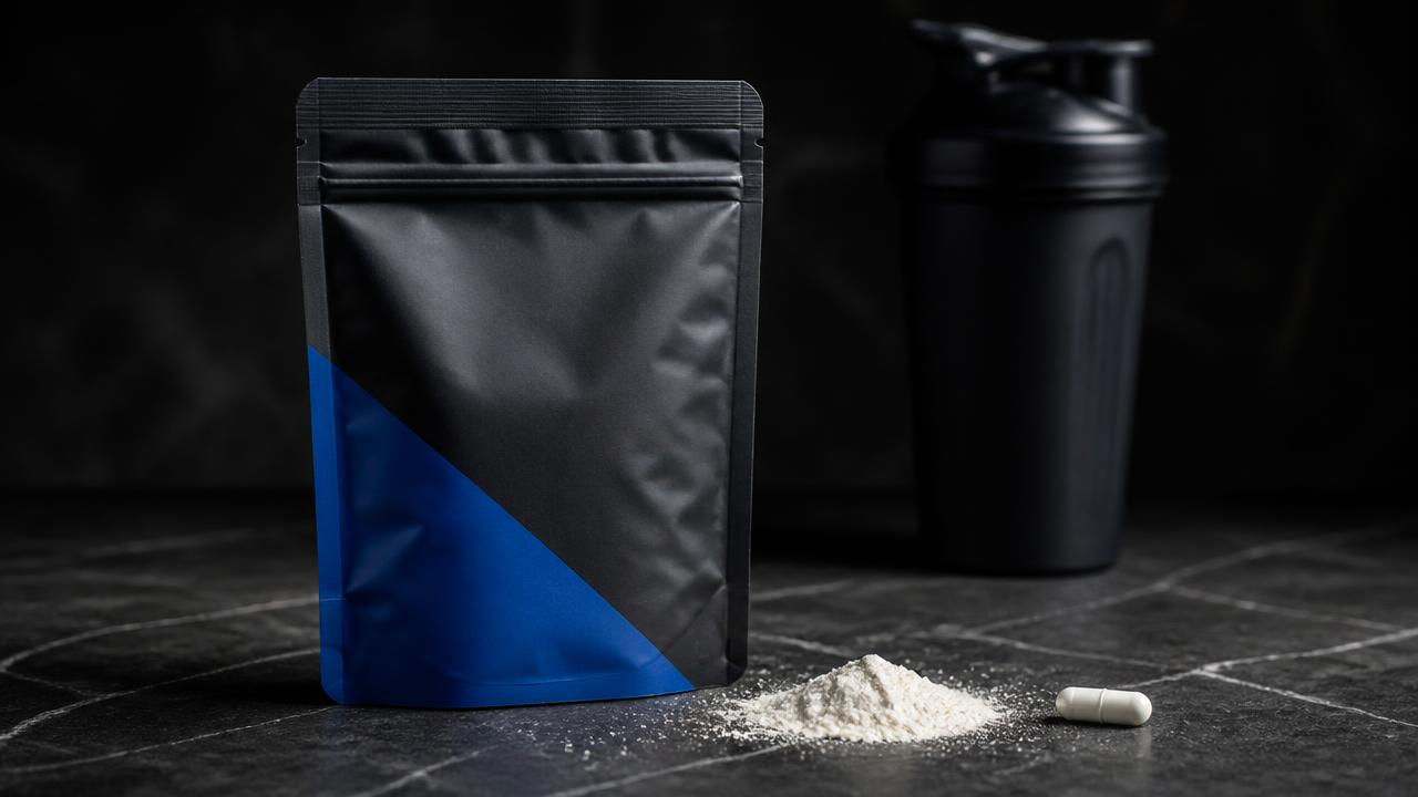 Miniature matte black flat-bottom Mini-Me supplement pouch