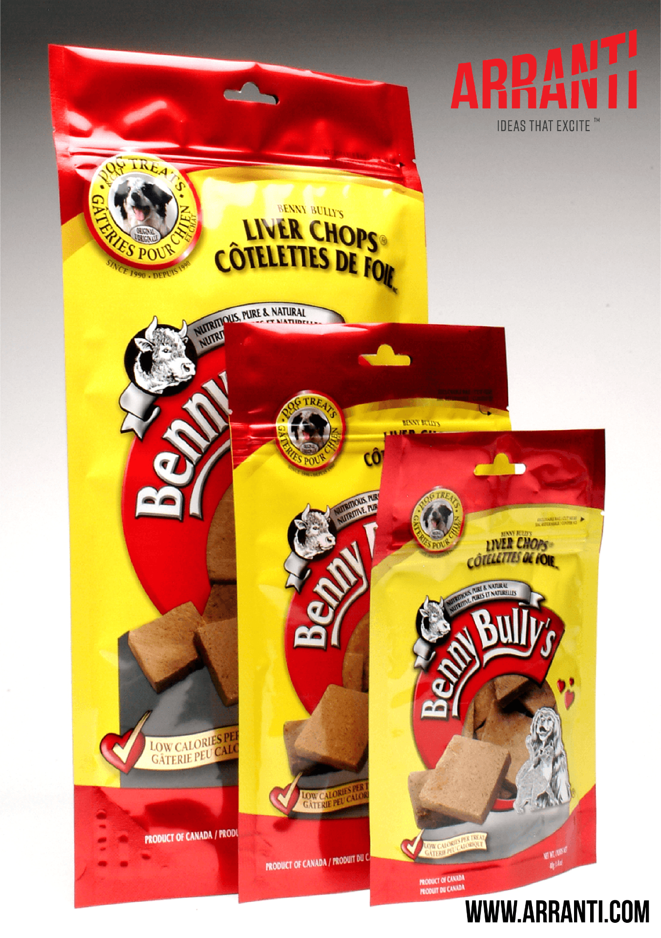 Arranti stand-up pouches in multiple sizes with resealable closures