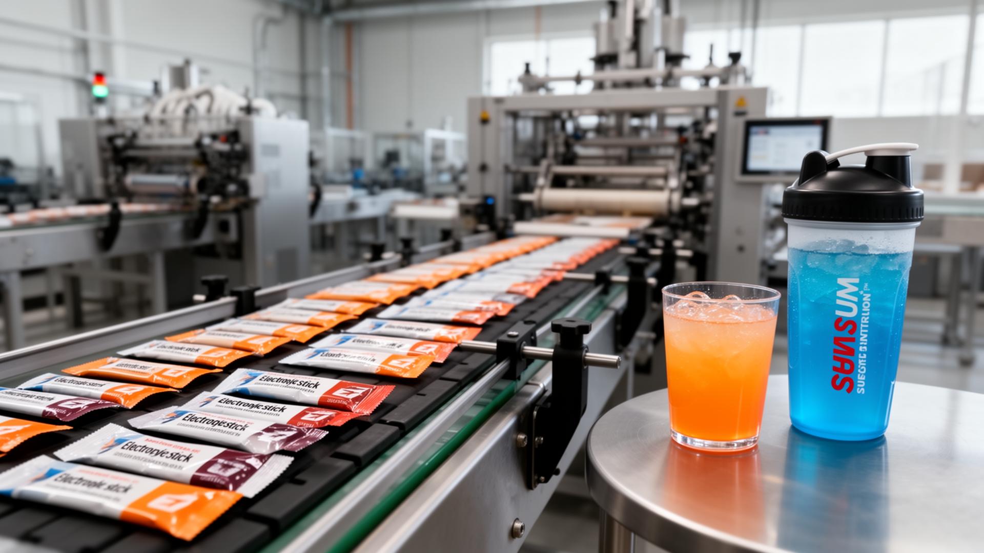 Hydration product development β electrolyte stick packs on packaging line with custom branded shaker